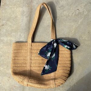 Draper James Tan Woven Tote with Navy Floral Scarf